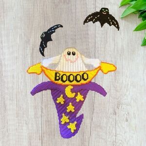 Vintage Plastic Canvas Halloween Ghost Bats Door Hanging